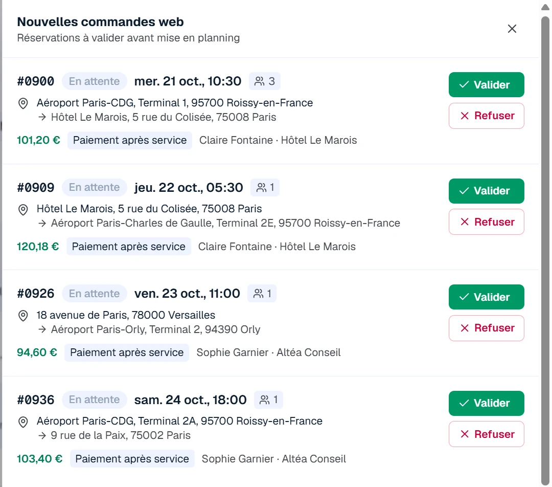 Nouvelles commandes web : quatre réservations en attente avec date, trajet, prix et client, chacune avec les boutons Valider et Refuser.