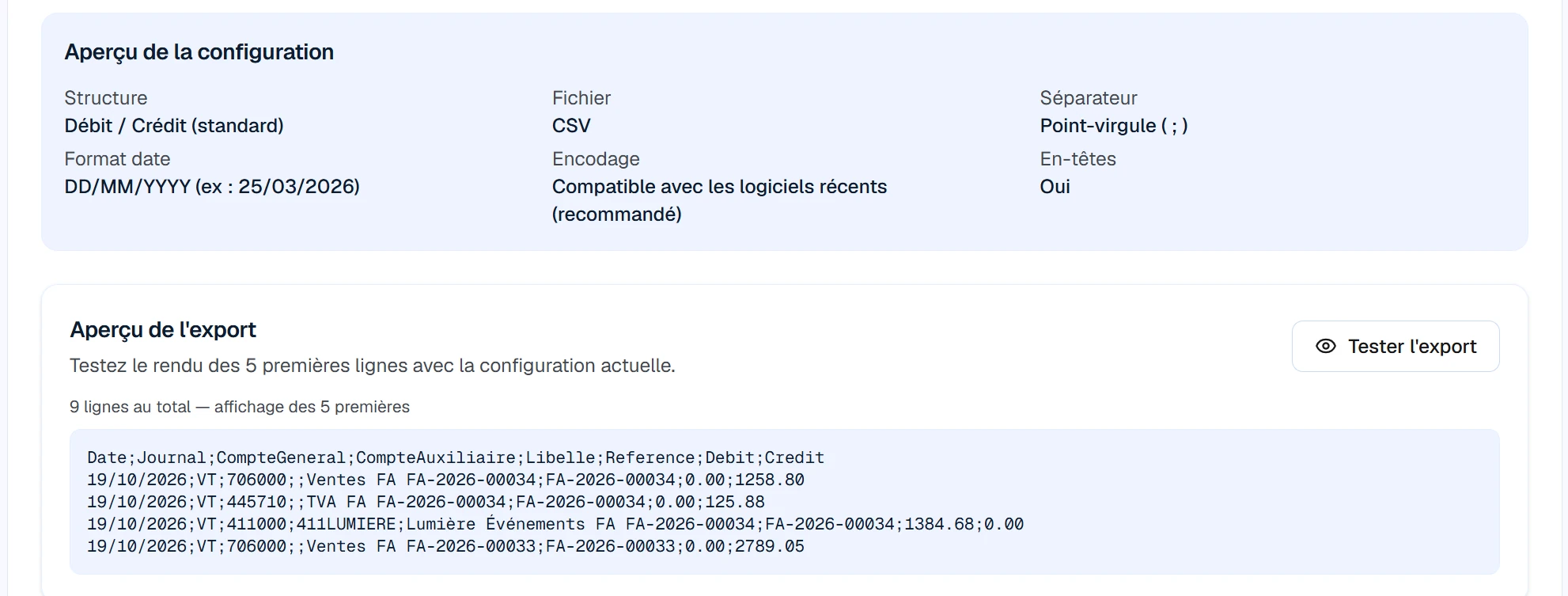 Aperçu de l'export comptable : structure débit/crédit, format CSV et premières écritures de ventes, TVA et clients.