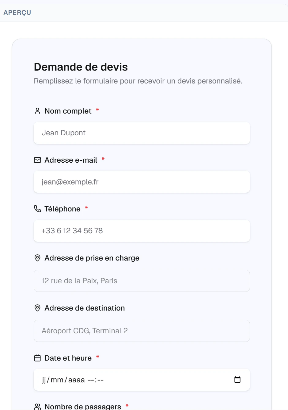 Formulaire de demande de devis à intégrer sur un site : nom, e-mail, téléphone, adresses, date et nombre de passagers.