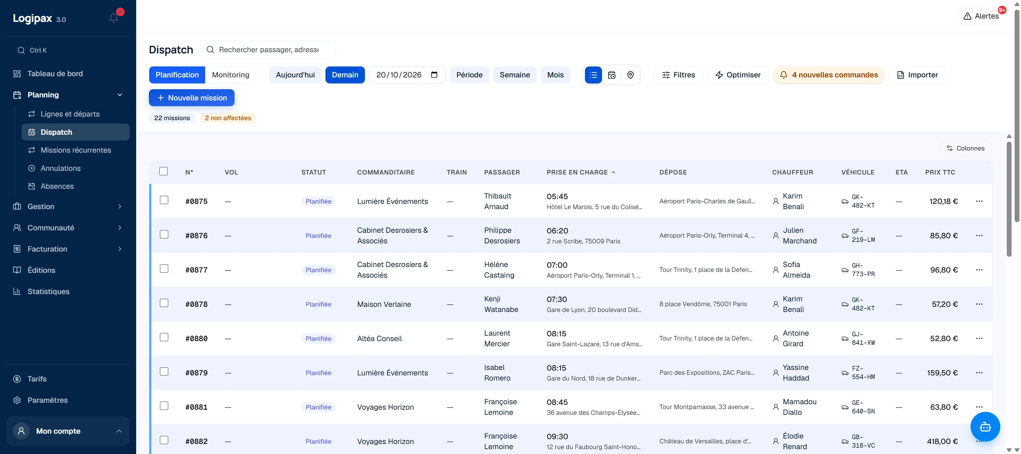 Liste du dispatch : les courses du lendemain avec statut, client, passager, prise en charge, dépose, chauffeur, véhicule et prix.