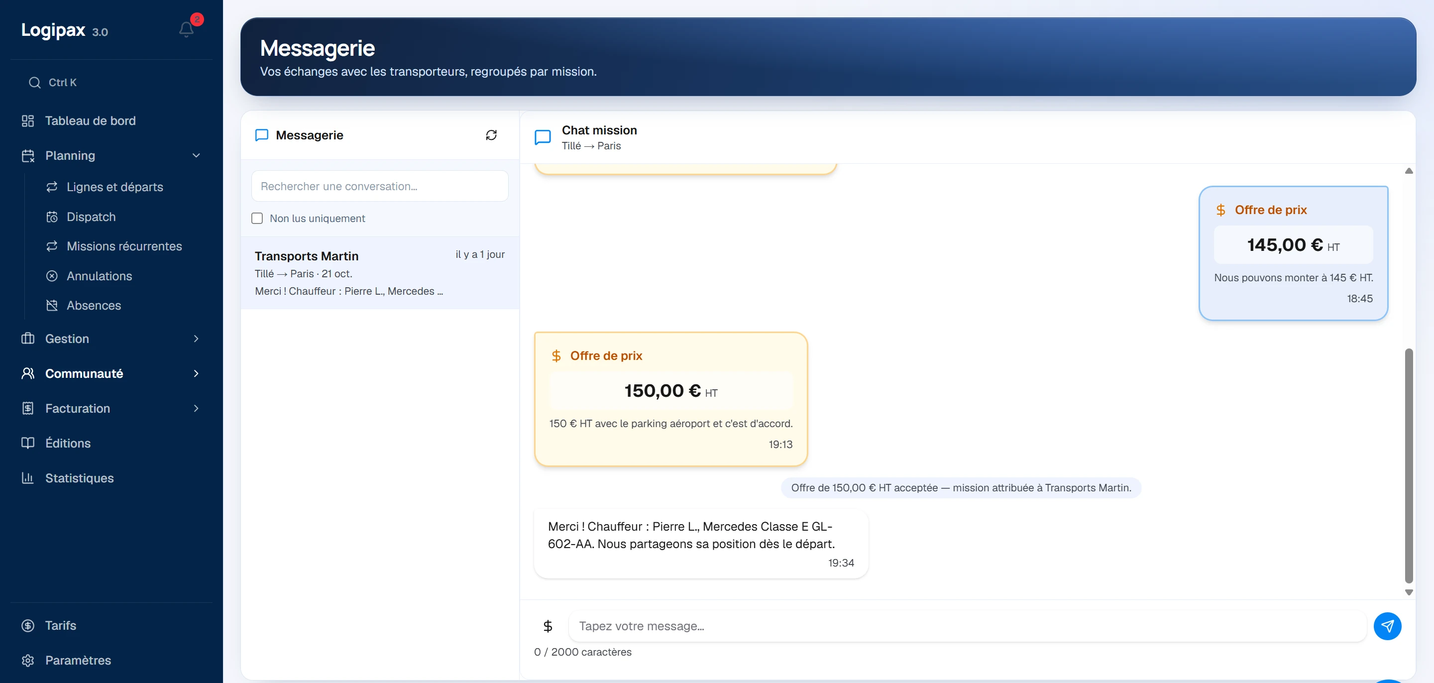Messagerie d'une course publiée : offres de prix à 145 € puis 150 € HT, offre acceptée et mission attribuée à Transports Martin.