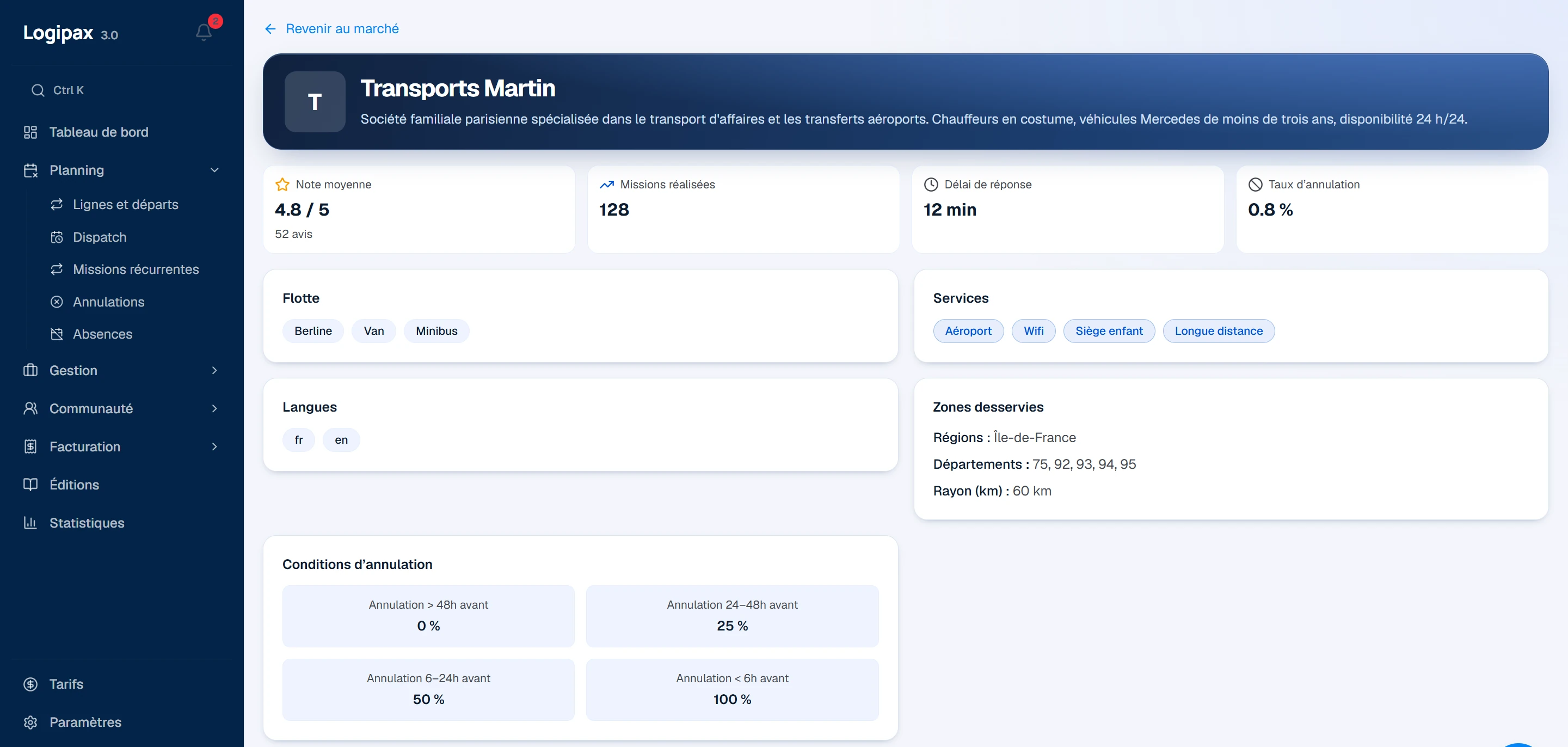 Profil communautaire d'un transporteur : présentation, note moyenne, missions réalisées, délai de réponse, taux d'annulation, flotte, services, langues, zones desservies et conditions d'annulation.