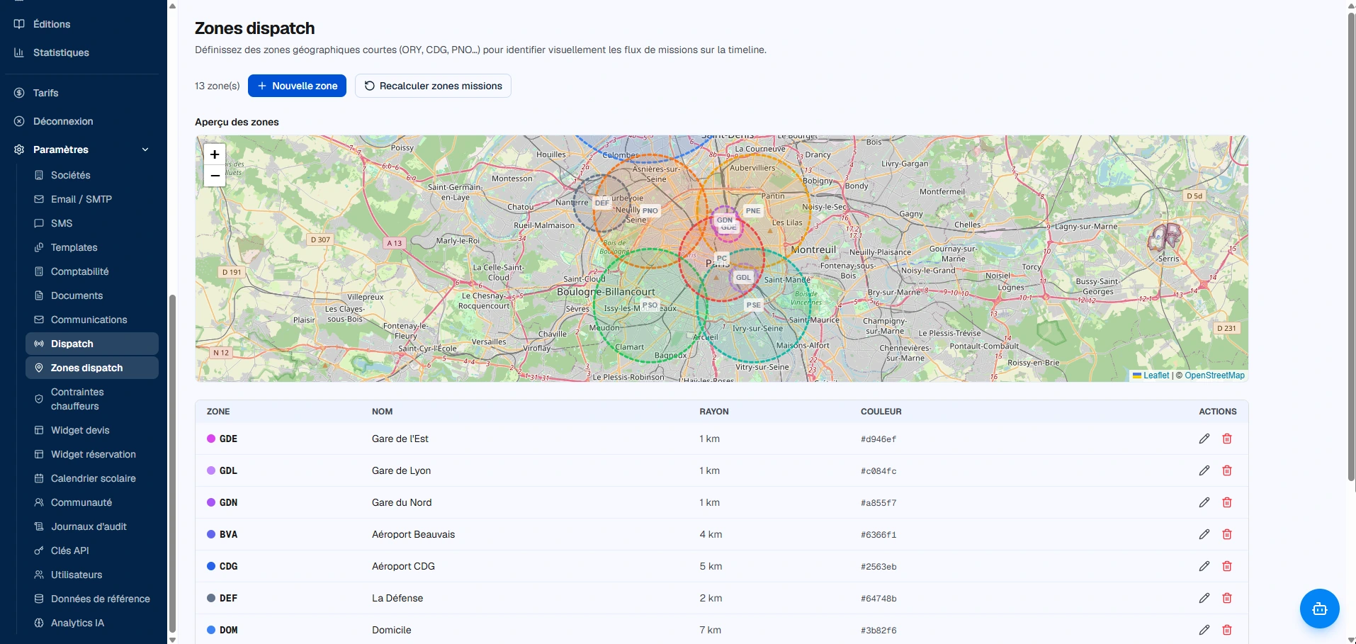 Carte des zones de dispatch : treize zones tracées autour des aéroports et des gares d'Île-de-France, avec leur liste à côté.